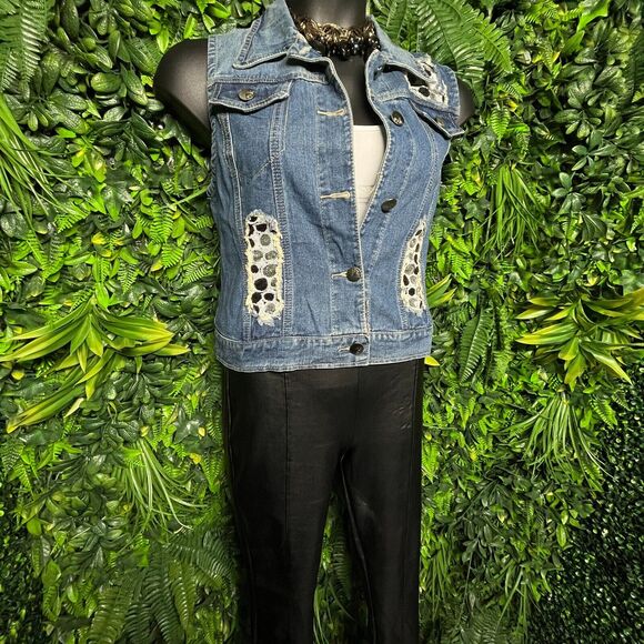 Women Vest Denim 1XL Blue‎ Sequins Accent Polka Dots Waist Coat BUZZ 1618 - Picture 4 of 7